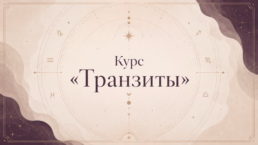 Обложка курса «Транзиты» с названием на фоне стилизованной астрологической схемы